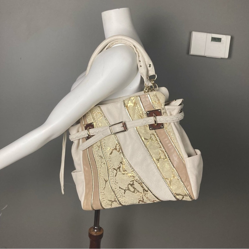 Elliot Lucca large satchel carryall mobwife metallic gold tan neutral patchwork